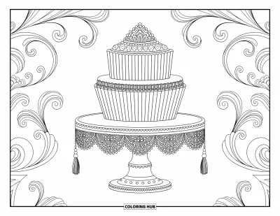 Coloriage de cupcakes pour adultes : Un présentoir à cupcakes aux détails baroques encadré de motifs complexes en volutes