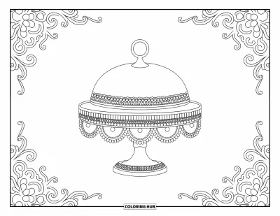 Coloriage de cupcakes pour adultes : Un présentoir à cupcakes avec dentelle et décorations ornées entouré de bordures florales