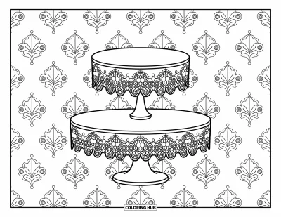Coloriage de cupcakes pour adultes : Un présentoir à cupcakes avec dentelle et motifs ornés parmi des volutes