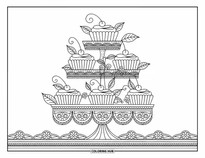 Coloriage de cupcakes pour adultes : Un présentoir à cupcakes aux détails de dentelle porte des cupcakes avec des volutes et des cerises