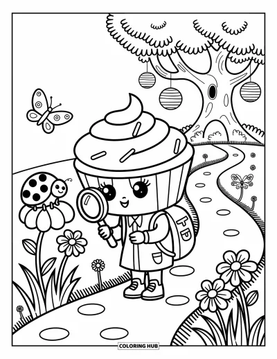 Coloriage de cupcakes pour adultes : Un cupcake avec un sac à dos observe une coccinelle près de fleurs et d’arbres éclairés par des lanternes