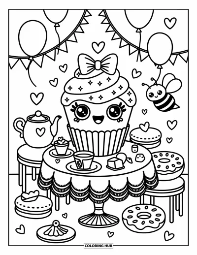 Coloriage de cupcakes pour adultes : Un cupcake avec un nœud savoure le thé avec des desserts, une théière et une abeille amicale