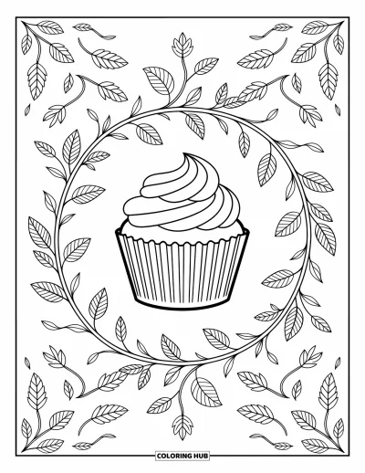 Coloriage de cupcakes pour adultes : Un cupcake avec une bougie au milieu de feuilles, de fleurs et de lianes raffinées
