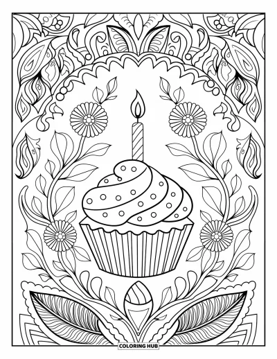 Coloriage de cupcakes pour adultes : Un cupcake avec une bougie au milieu de feuilles, de fleurs et de lianes
