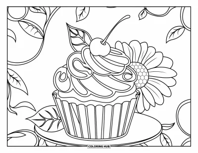 Coloriage de cupcakes pour adultes : Un cupcake avec une cerise à côté de feuilles et de fleurs sur un fond rempli de lianes