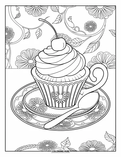 Coloriage de cupcakes pour adultes : Un cupcake avec une cerise sur un service à thé entouré de fleurs et de lianes