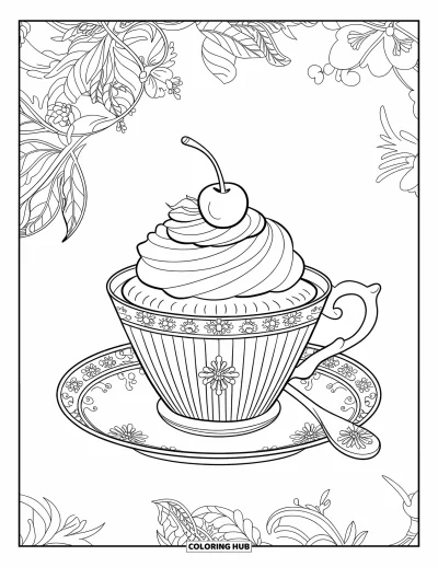 Coloriage de cupcakes pour adultes : Un cupcake avec une cerise est posé sur un service à thé aux motifs floraux