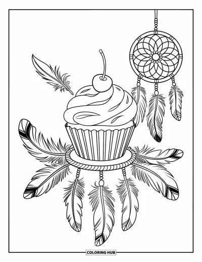Coloriage de cupcakes pour adultes : Un cupcake avec une cerise entouré de plumes et d’un attrape-rêves