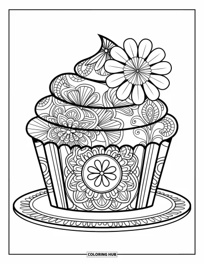 Coloriage de cupcakes pour adultes : Un cupcake avec une fleur dans le glaçage est posé sur une assiette