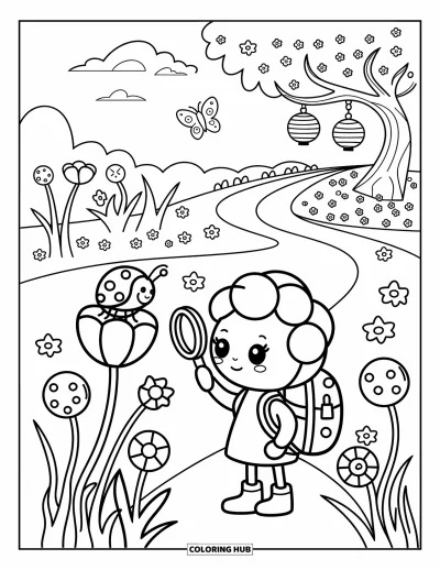 Coloriage de cupcakes pour adultes : Un cupcake avec une loupe inspecte une coccinelle parmi des fleurs et des lanternes