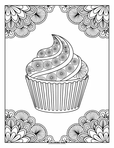 Coloriage de cupcakes pour adultes : Un cupcake avec un motif mandala se trouve parmi des bordures florales et des volutes