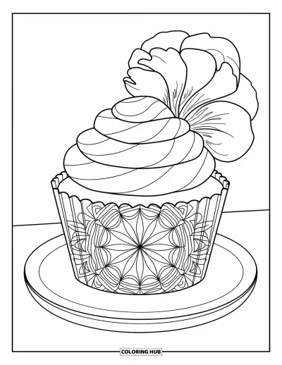 Coloriage de cupcakes pour adultes : Un cupcake avec une caissette mandala et une fleur sur le dessus est posé sur une assiette