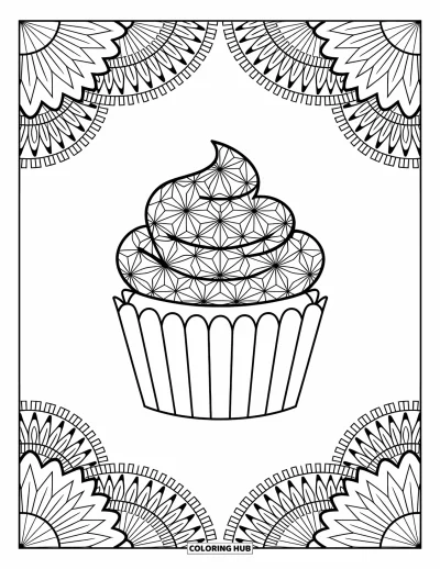 Coloriage de cupcakes pour adultes : Un cupcake avec une caissette mandala et des motifs floraux sur un fond blanc net