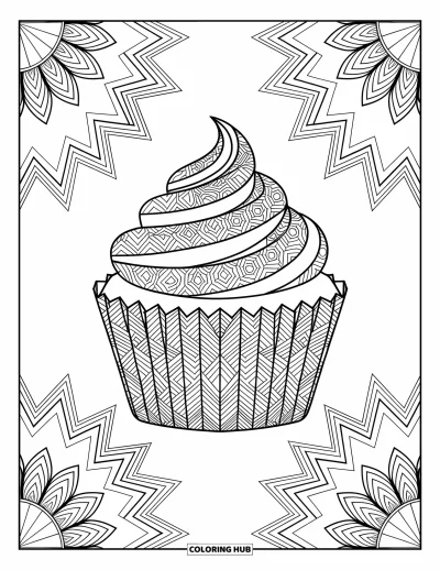 Coloriage de cupcakes pour adultes : Un cupcake avec une caissette mandala est au centre, entouré de motifs géométriques