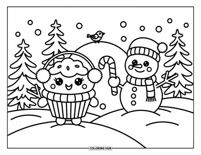 Coloriage de cupcakes pour adultes : Un cupcake avec une écharpe et des cache-oreilles tient une canne en sucre d’orge à côté d’un bonhomme de neige et de sapins
