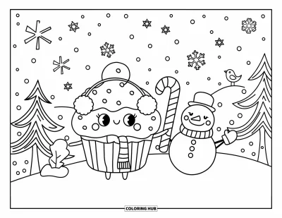 Coloriage de cupcakes pour adultes : Un cupcake avec une écharpe et des cache-oreilles se tient sur une colline enneigée près d’un bonhomme de neige et d’un oiseau