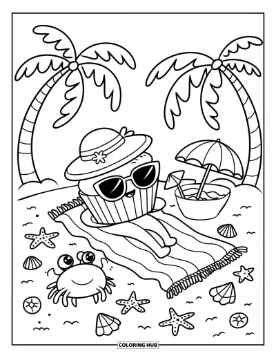 Coloriage de cupcakes pour adultes : Un cupcake avec un chapeau de soleil et des lunettes se repose sur une serviette de plage avec un crabe