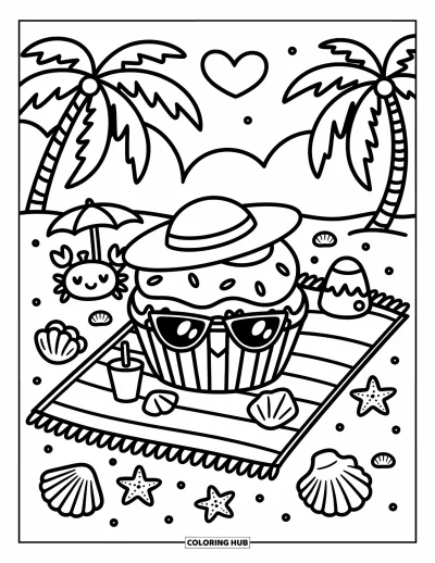 Coloriage de cupcakes pour adultes : Un cupcake avec un chapeau de soleil se détend avec des coquillages, une boisson et un crabe souriant