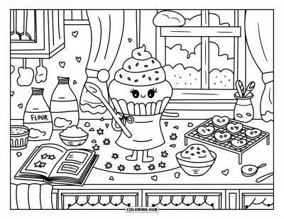 Coloriage de cupcakes pour adultes : Un cupcake avec un tablier prépare des biscuits dans une cuisine douillette remplie de douceurs