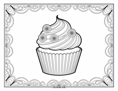 Coloriage de cupcakes pour adultes : Un cupcake avec des volutes Art nouveau et des accents botaniques encadré de motifs détaillés