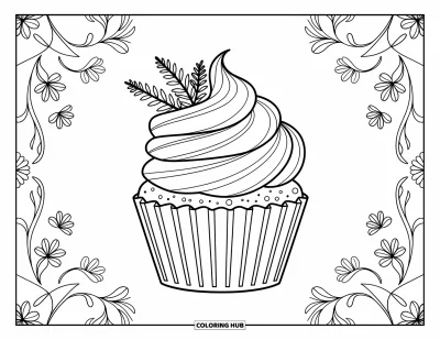 Coloriage de cupcakes pour adultes : Un cupcake avec des volutes Art nouveau et des accents botaniques parmi des motifs floraux