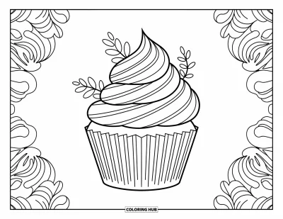 Coloriage de cupcakes pour adultes : Un cupcake avec des volutes Art nouveau parmi de délicats motifs floraux et des bordures