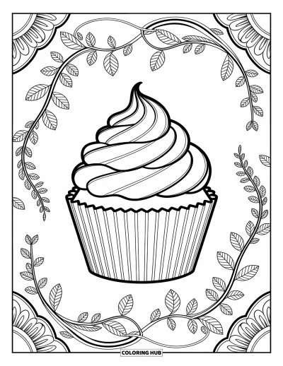 Coloriage de cupcakes pour adultes : Un cupcake avec des détails botaniques parmi des feuilles et des lianes complexes