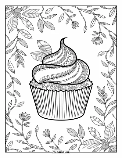 Coloriage de cupcakes pour adultes : Un cupcake avec des éléments botaniques est entouré de feuilles, de lianes et de fleurs
