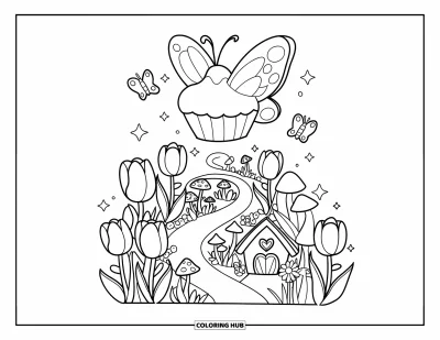 Coloriage de cupcakes pour adultes : Un cupcake avec des ailes de papillon flotte au-dessus d’un jardin fantaisiste rempli de fleurs et de papillons