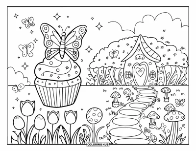 Coloriage de cupcakes pour adultes : Un cupcake avec des ailes de papillon vole au-dessus d’un jardin de rêve avec des fleurs, des champignons et une maison de fée