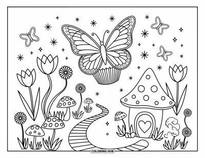 Coloriage de cupcakes pour adultes : Un cupcake avec des ailes de papillon vole au-dessus de fleurs pendant qu’un petit lapin pointe le bout de son nez
