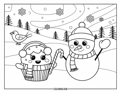Coloriage de cupcakes pour adultes : Un cupcake avec cache-oreilles et écharpe profite d’une colline enneigée avec un bonhomme de neige et un oiseau