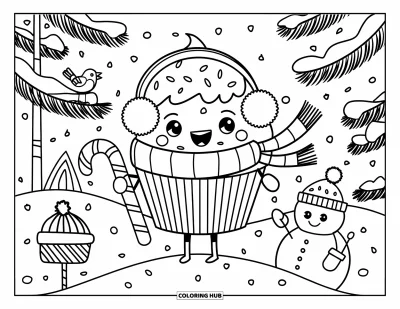 Coloriage de cupcakes pour adultes : Un cupcake avec cache-oreilles et écharpe profite d’un paysage hivernal féerique avec un bonhomme de neige et un oiseau