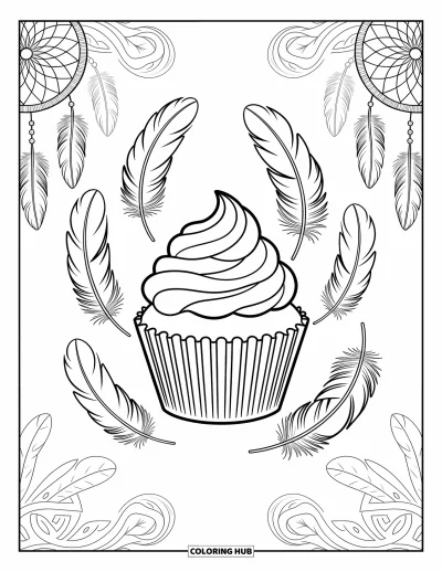 Coloriage de cupcakes pour adultes : Un cupcake avec des plumes et des motifs d’attrape-rêves parmi des volutes