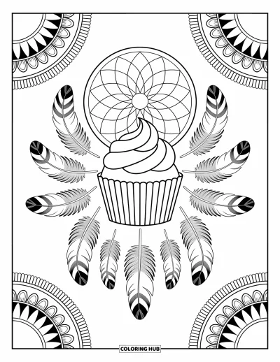 Coloriage de cupcakes pour adultes : Un cupcake avec des plumes et des détails d’attrape-rêves encadré par des motifs ornés