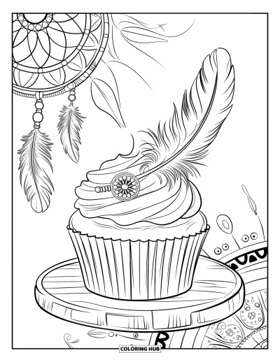 Coloriage de cupcakes pour adultes : Un cupcake avec des plumes et des détails d’attrape-rêves repose sur une planche en bois