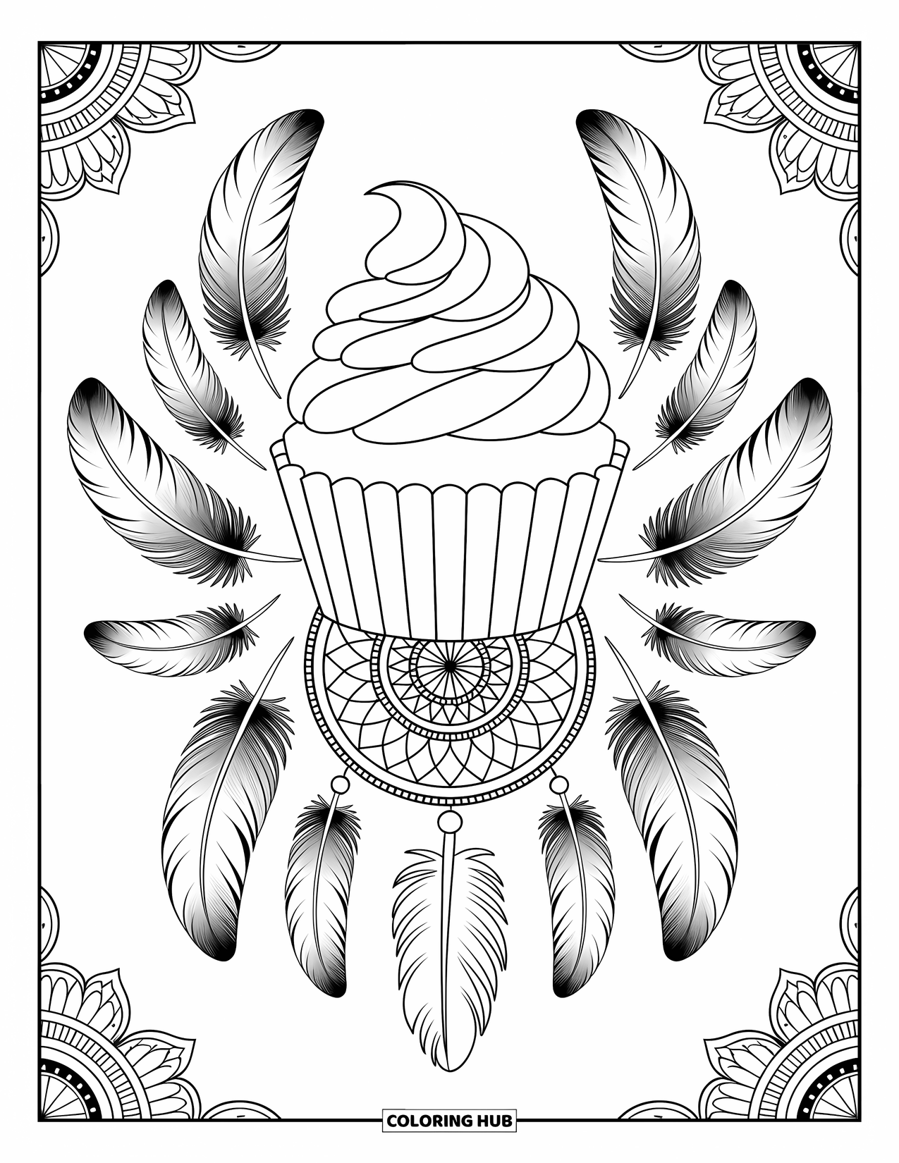 Cupcake Coloring Page for Adults: A cupcake with feathers and dreamcatchers is framed by intricate borders and patterns