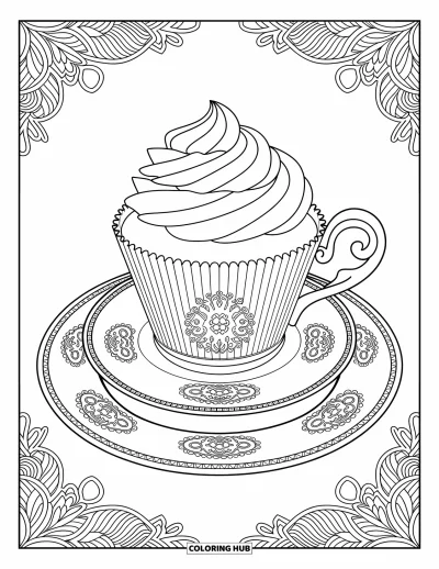 Coloriage de cupcakes pour adultes : Un cupcake avec des détails floraux sur un service à thé parmi des motifs en volutes