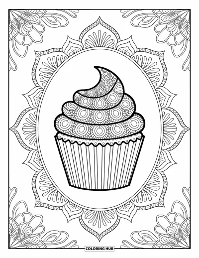 Coloriage de cupcakes pour adultes : Un cupcake aux motifs mandala floraux parmi des motifs élégants et détaillés