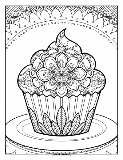 Coloriage de cupcakes pour adultes : Un cupcake avec des motifs floraux sur une assiette avec des détails de feuilles