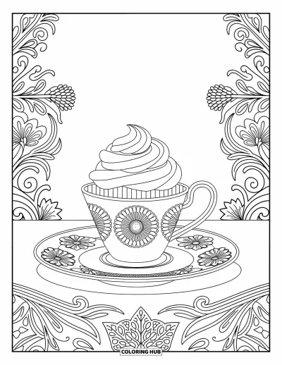 Coloriage de cupcakes pour adultes : Un cupcake aux motifs floraux posé sur un service à thé avec des dessins ornés