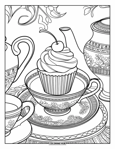 Coloriage de cupcakes pour adultes : Un cupcake aux motifs floraux sur un service à thé orné