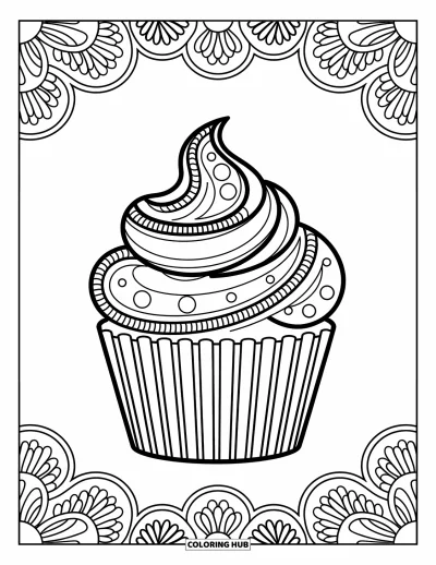 Coloriage de cupcakes pour adultes : Un cupcake avec des motifs de henné dans le glaçage entouré de motifs en volutes