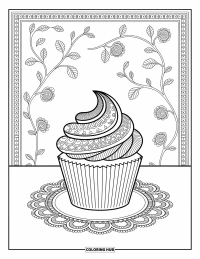 Coloriage de cupcakes pour adultes : Un cupcake aux motifs de henné posé sur une assiette, entouré de motifs élégants et complexes