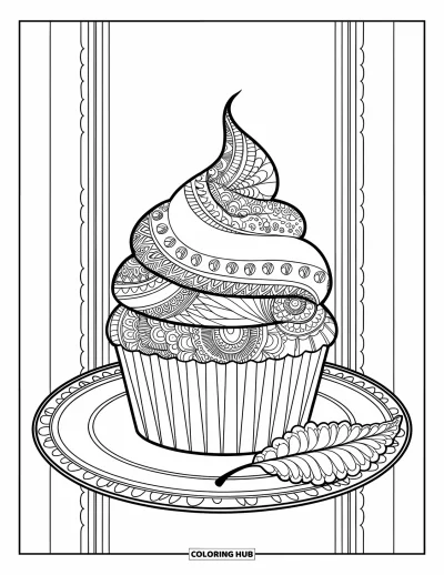 Coloriage de cupcakes pour adultes : Un cupcake avec des motifs de henné sur une assiette avec une feuille à côté