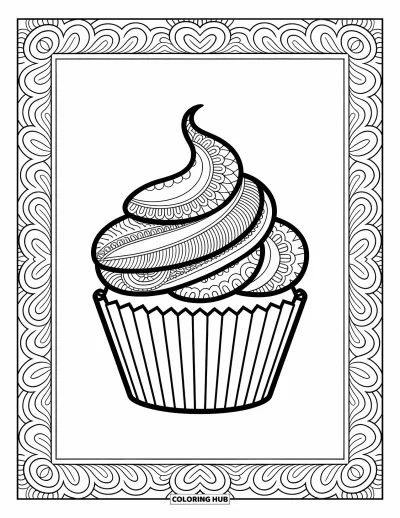 Coloriage de cupcakes pour adultes : Un cupcake avec un glaçage inspiré du henné parmi de délicats motifs floraux et des bordures