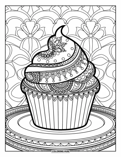 Coloriage de cupcakes pour adultes : Un cupcake avec un glaçage inspiré du henné sur une assiette parmi des fleurs