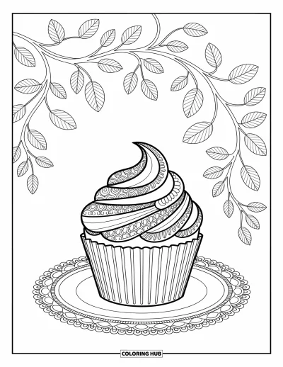 Coloriage de cupcakes pour adultes : Un cupcake aux motifs inspirés du henné est posé sur une assiette avec des détails floraux tourbillonnants