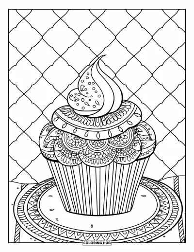Coloriage de cupcakes pour adultes : Un cupcake aux motifs de henné et aux vermicelles est posé sur une assiette