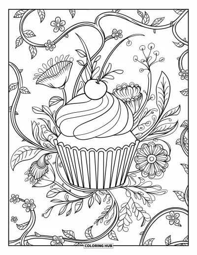 Coloriage de cupcakes pour adultes : Un cupcake avec glaçage et une cerise parmi des fleurs et des lianes